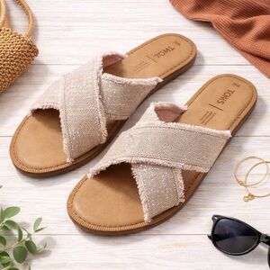 NIB WOMEN'S TOMS VIV NATURAL METALLIC JUTE SLIP ON SLIDES SHOES FLATS SZ 11